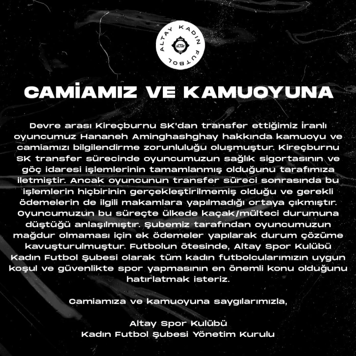 Altay’ın İranlı kadın futbolcusu kaçak/mülteci durumuna düştü
