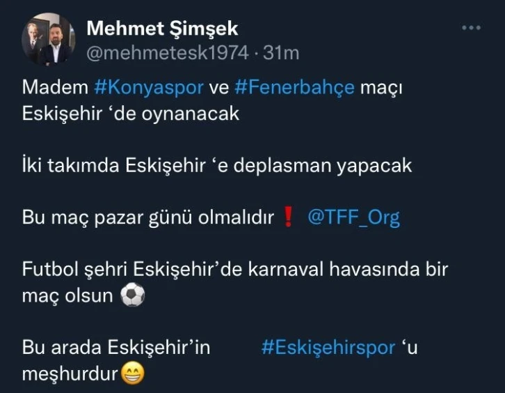 Başkan Şimşek’ten "Konyaspor-Fenerbahçe" maçının pazar günü oynanması talebi
