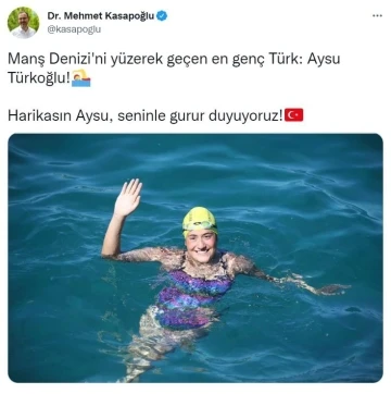 Bakan Kasapoğlu’ndan Manş Denizi’ni yüzerek geçen Aysu Türkoğlu’na övgü
